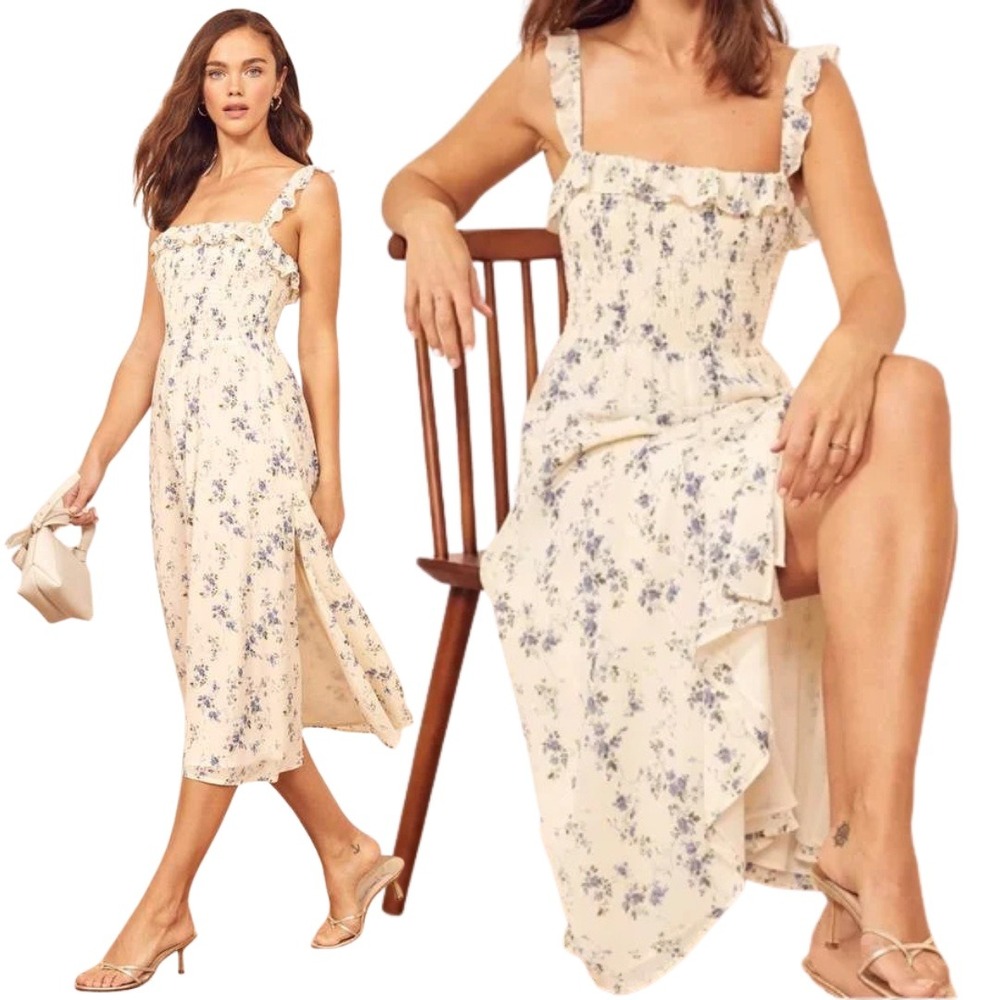 Reformation Siesta Midi Dress in Madeline | Floral Smocked Ruffle S